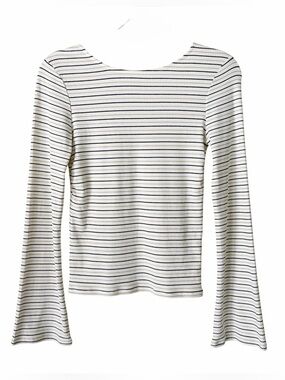 Boden | Striped Ribbed Knit Shirt Top Bell Sleeves Scoop Back Cream Black Gold 2